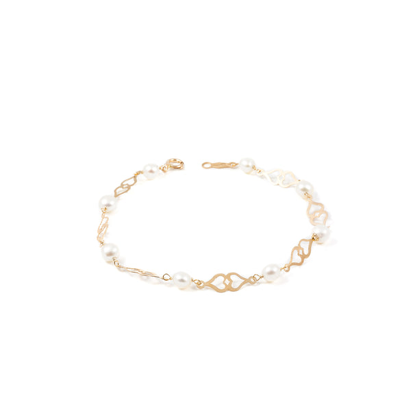 Bracciale Ragazza Oro Giallo 9K Perla Roton4 mm Cuore Brillante 18 cm