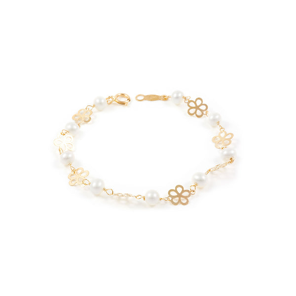 Bracciale Ragazza Oro Giallo 9K Perla Roton4 mm Fiori Brillanti 15 cm