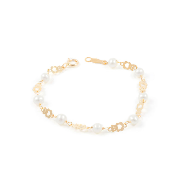 Bracciale Ragazza Oro Giallo 9K Perla Roton4 mm Brillante Orso 14 cm
