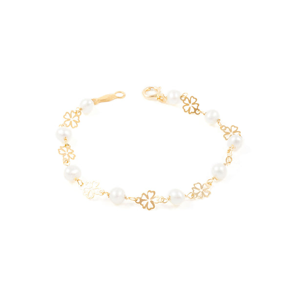 Bracciale Ragazza Oro Giallo 9K Perla Roton4 mm Fiori Brillanti 13 cm