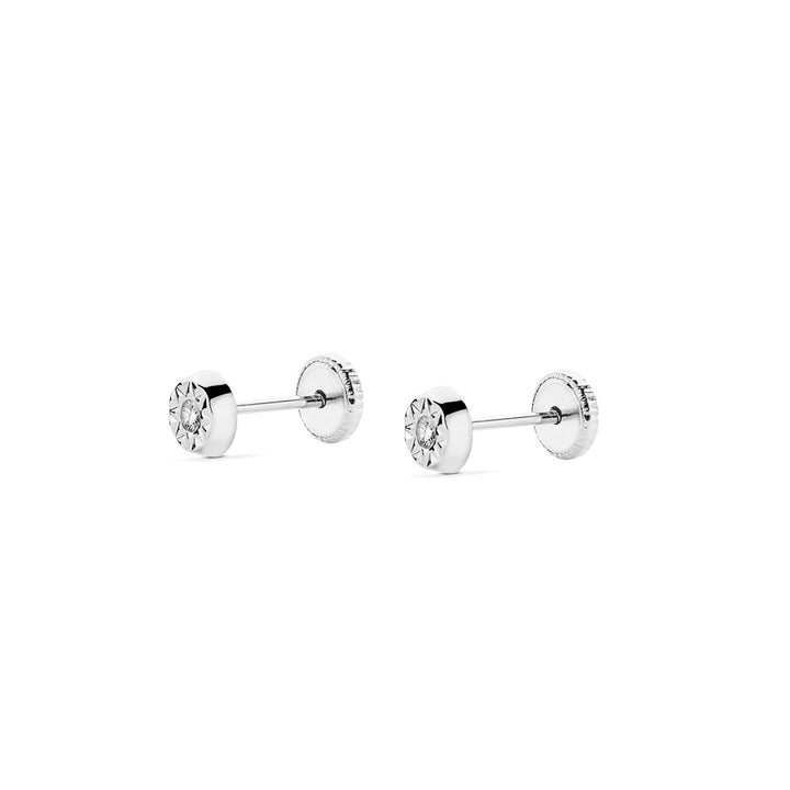Pendientes Bebe o Niña oro blanco redondo tallado circonita