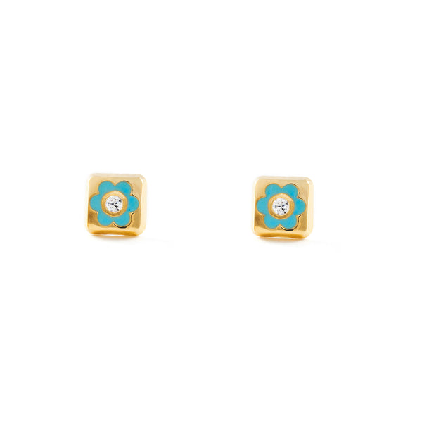 Orecchini bambini ragazza Smalto Blu Quadrato Zircone Oro Giallo 18K