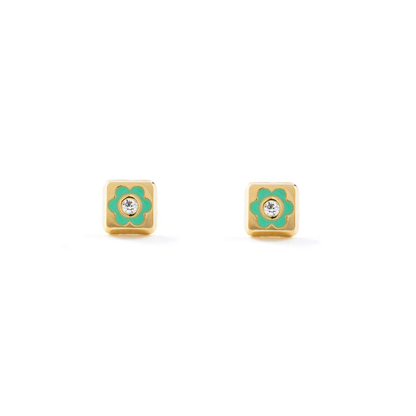 Orecchini bambini ragazza Smalto verde Quadrato Zircone Oro Giallo 18K
