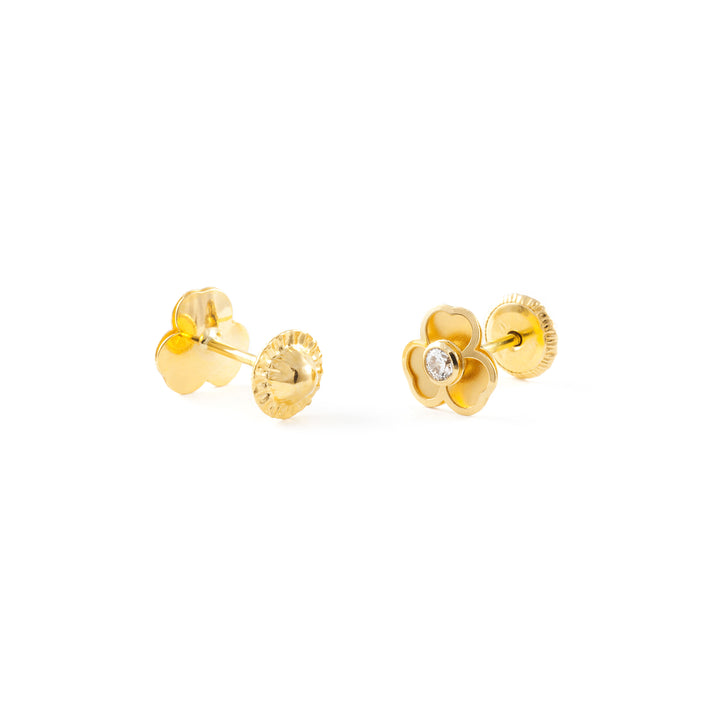 Pendientes Bebe o Niña Oro Trebol con circonita mate y brillo