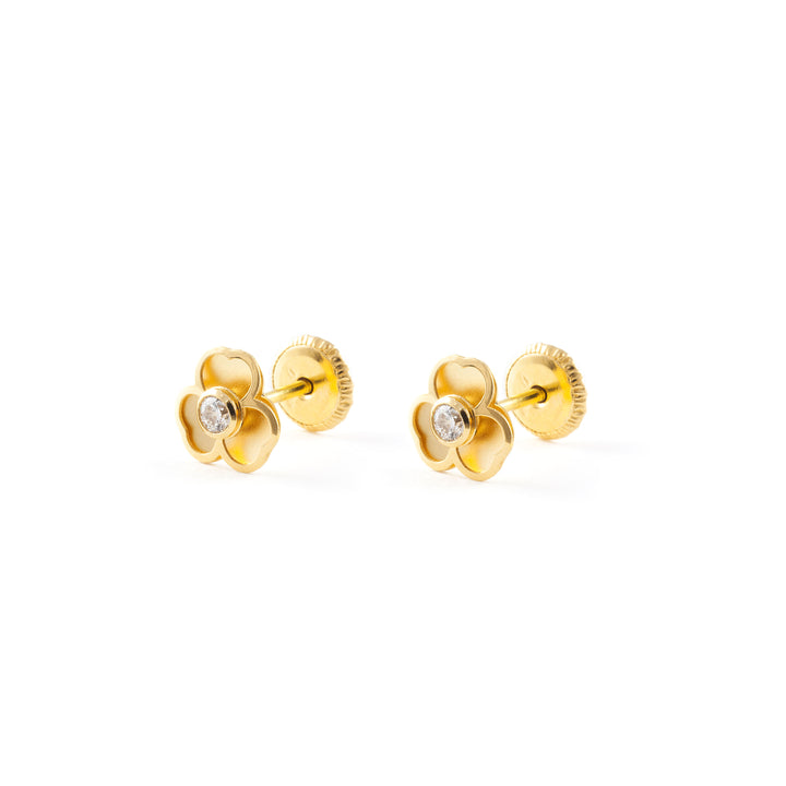 Pendientes Bebe o Niña Oro Trebol con circonita mate y brillo