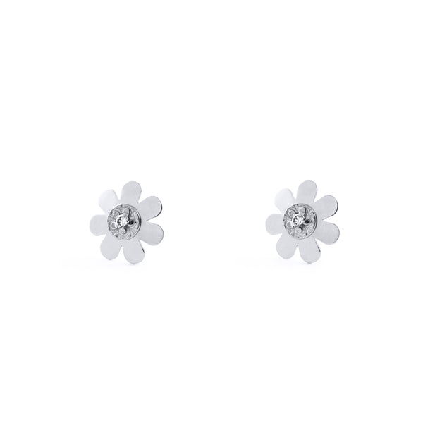 Pendientes Bebe-Niña Oro Blanco 18K Flor Circonita Brillo