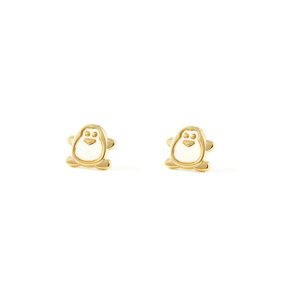 Pendientes Niña Oro Amarillo 9K Nacar Pingüino Brillo