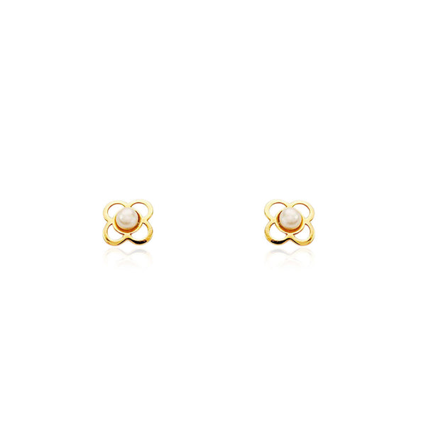 Pendientes Bebe Oro Amarillo 18K Perla Redonda 2 mm Trebol Brillo