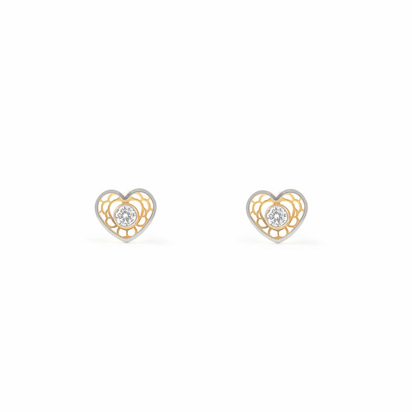 Pendientes Niña Oro Bicolor 9K Corazón Circonita Brillo