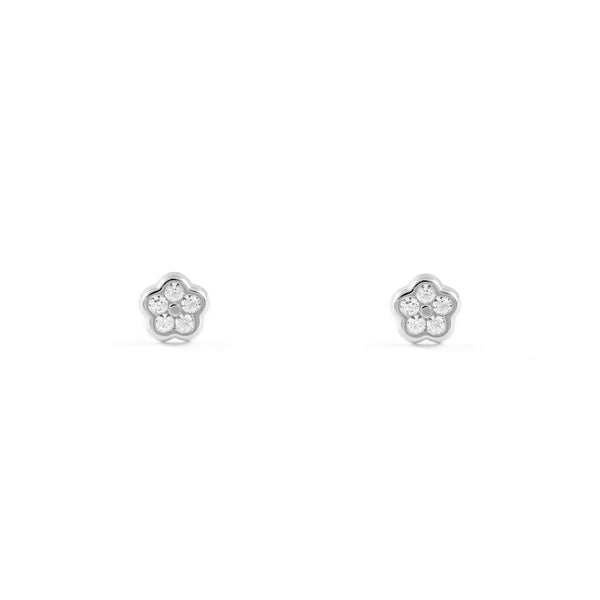 Pendientes Bebe-Niña Oro Blanco 9K Flor Margarita Circonitas Brillo