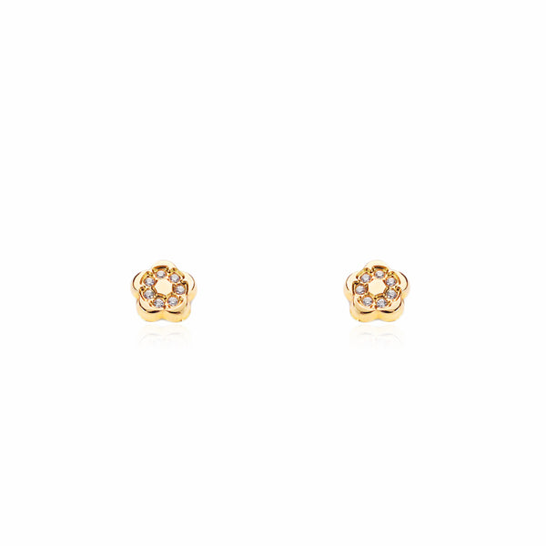 Pendientes Bebe-Niña Oro Amarillo 9K Flor Circonitas Brillo