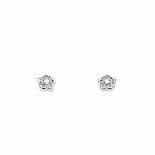 Pendientes Bebe-Niña Oro Blanco 9K Flor Circonitas Brillo