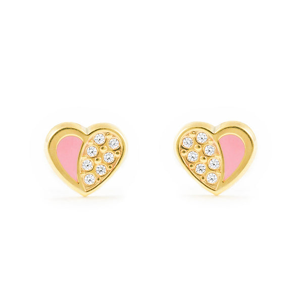 Pendientes Niña Oro Amarillo 9K Corazón Esmalte Rosa Circonita Brillo