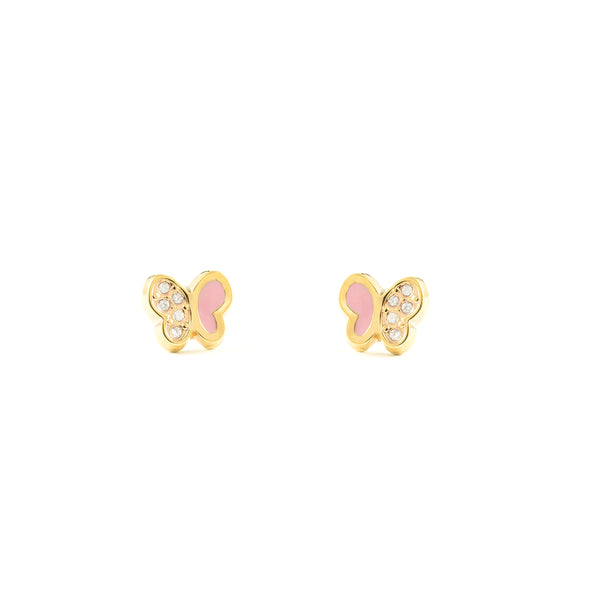 Pendientes Niña Oro Amarillo 9K Mariposa Esmalte Rosa Circonita Brillo