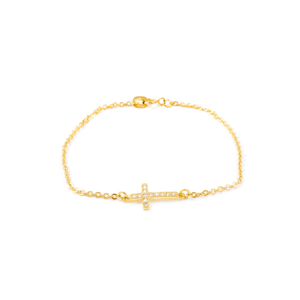 Bracciale Ragazza Oro Giallo 18K Croce Orizzontale Zirconi Brillanti 18 cm.