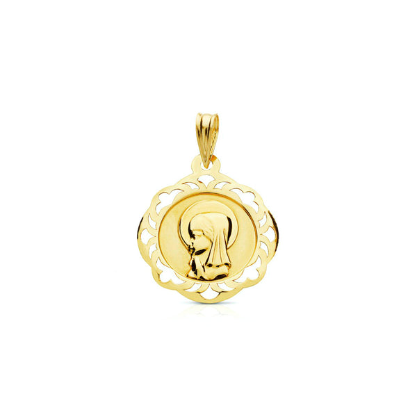 Medalla Oro Amarillo 18K Personalizada Virgen Niña Redondo Mate y Brillo 20 x 18 mm