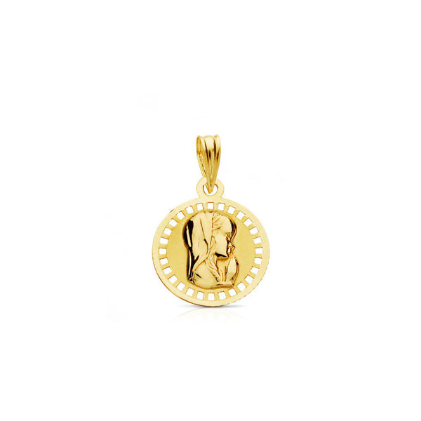 Medalla Oro Amarillo 18K Personalizada Virgen Niña Redondo Mate y Brillo 16 x 16 mm