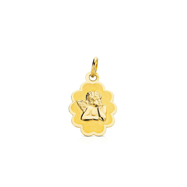 Medalla Oro Amarillo 18K Personalizada Angel Ondulado Mate y Brillo 17 x 12 mm