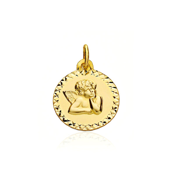 Medalla Oro Amarillo 9K Personalizada Angel Redondo Mate y Brillo 16 x 16 mm