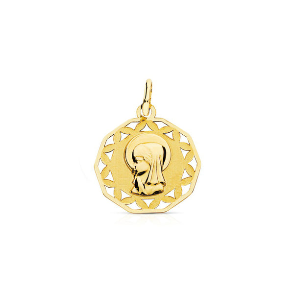 Medalla Oro Amarillo 9K Personalizada Virgen Niña Poligonal Mate y Brillo 16 x 16 mm