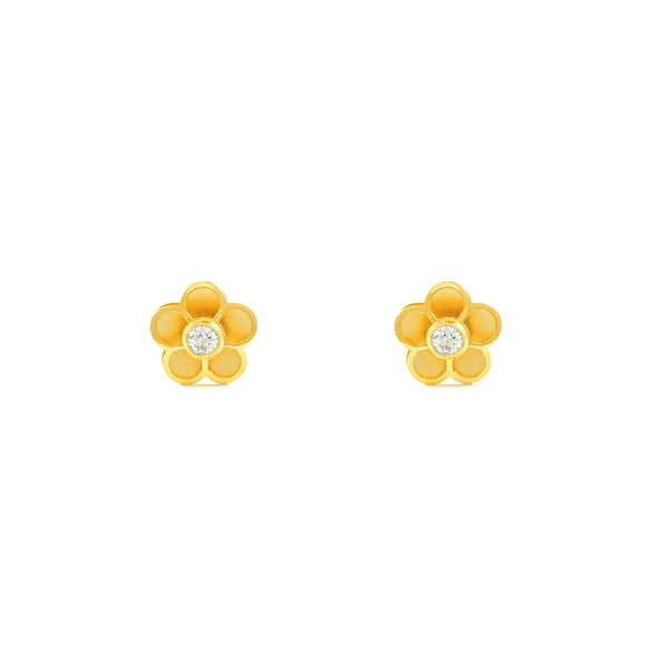 Pendientes Niña Oro Amarillo 18K Flor Circonita Mate y Brillo