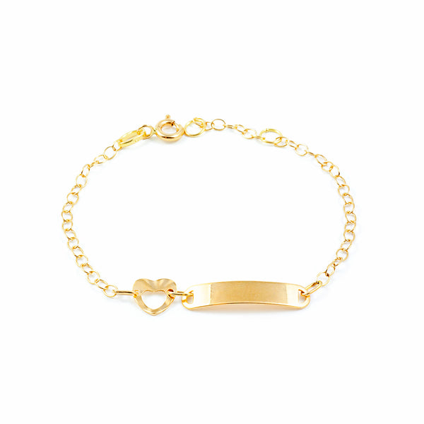 Pulsera Niña Oro Amarillo 18K Personalizada Esclava Corazón Brillo y Textura 14 cm