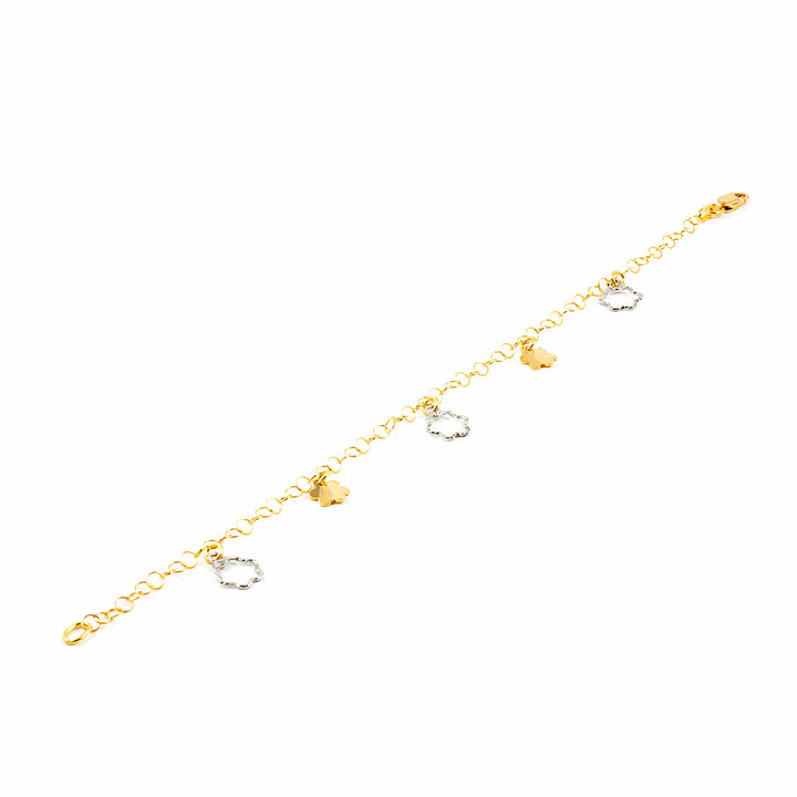 Pulsera niña oro bicolor con flores caladas y lisas