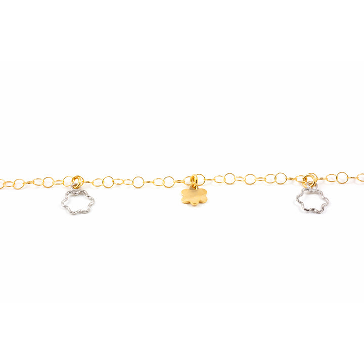 Pulsera niña oro bicolor con flores caladas y lisas