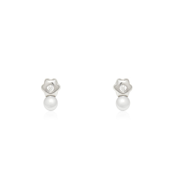 Pendientes Bebe-Niña Oro Blanco 18K Tu y Yo Perla Botón 3,5 mm Flor Margarita Circonita Brillo