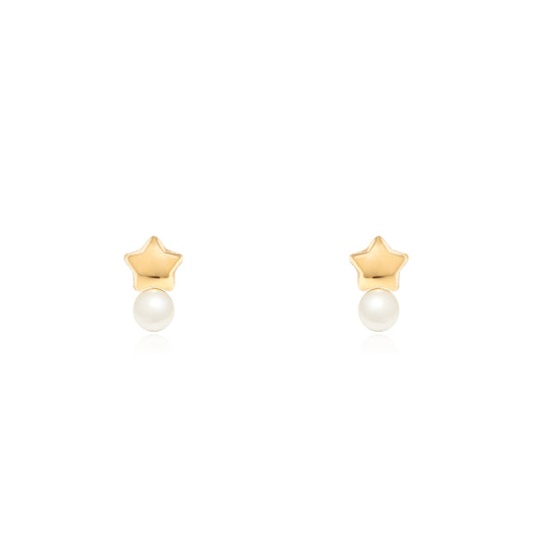 Pendientes Bebe-Niña Oro Amarillo 18K Tu y Yo Perla Botón 3,5 mm Estrella Brillo