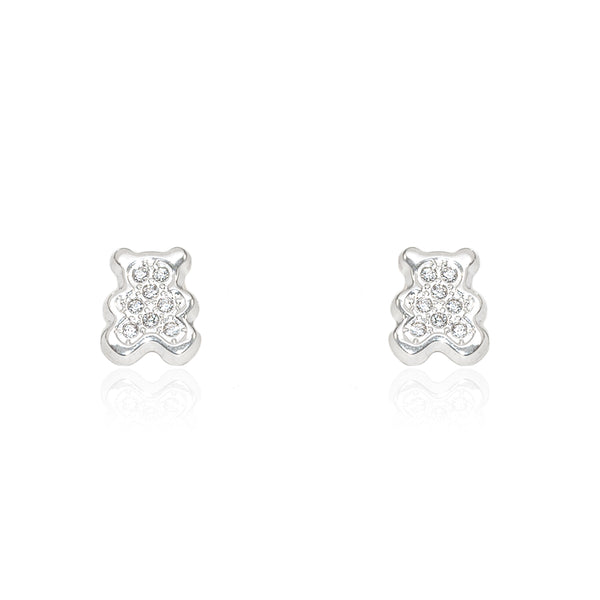 Pendientes Niña Oro Blanco 9K Oso Circonitas Brillo
