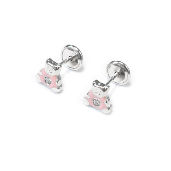 Orecchini Smalto rosa Orso Zircone Argento Sterling 925 brillante