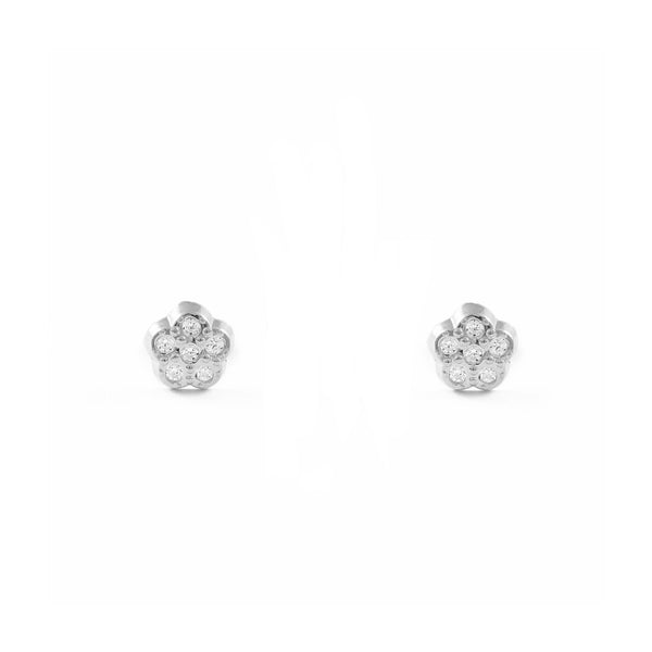 Pendientes Bebe-Niña Oro Blanco 9K Flor Circonitas Brillo