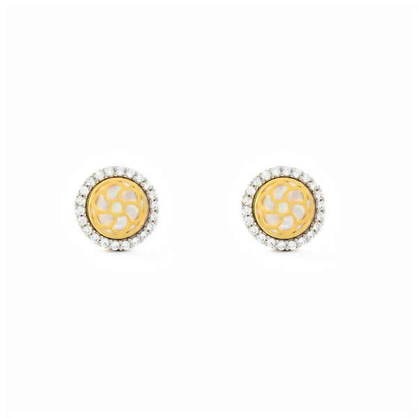 Orecchini ragazza donna Madreperla Rotondo Zircone Bicolore 9K