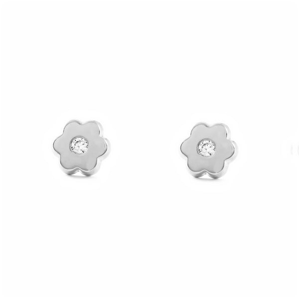 Orecchini ragazza donna fiore margherita Zircone Oro Bianco 9K
