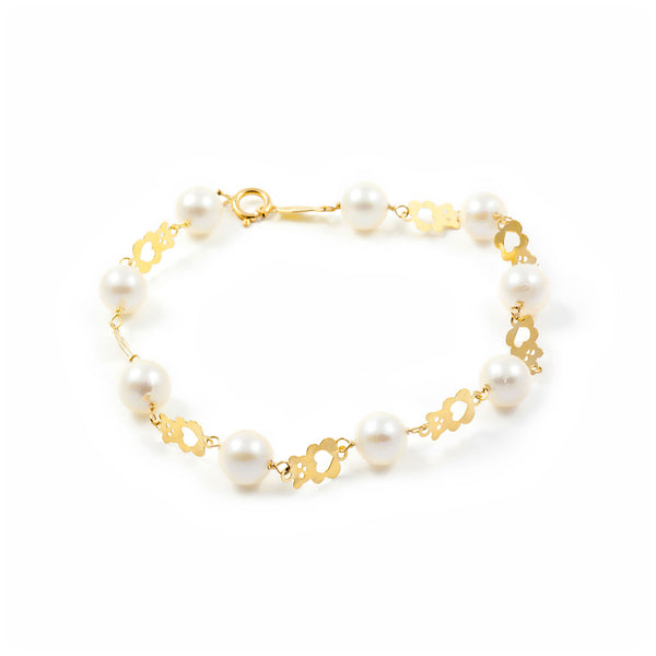 Bracciale Ragazza Oro Giallo 18K Perla Roton6 mm Brillante Orso 16 cm