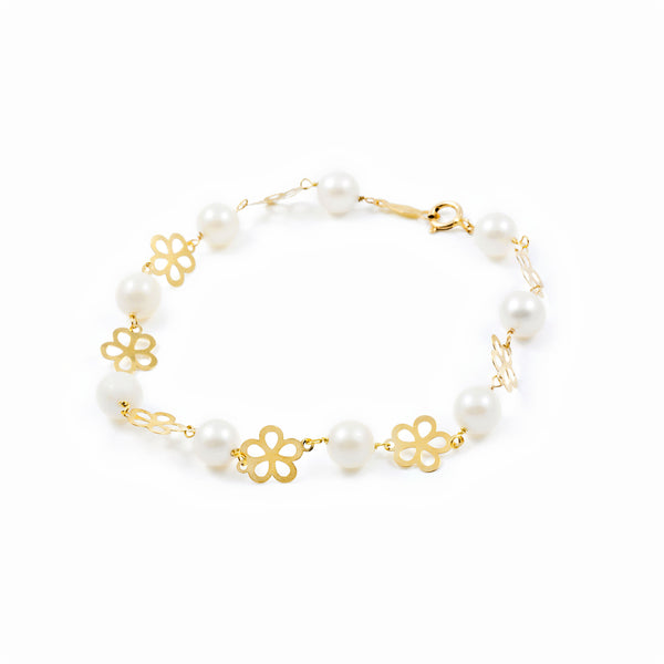 Bracciale Ragazza Oro Giallo 18K Perla Roton6 mm Fiori Brillanti 18 cm