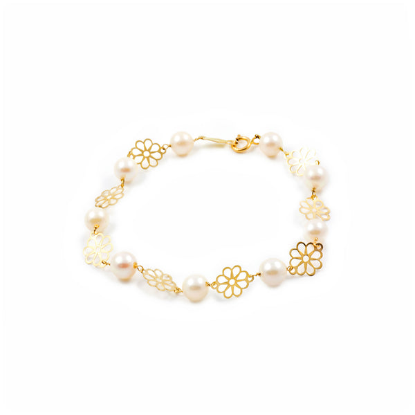 Bracciale Ragazza Oro Giallo 18K Perla Roton6 mm Fiori Brillanti 17 cm