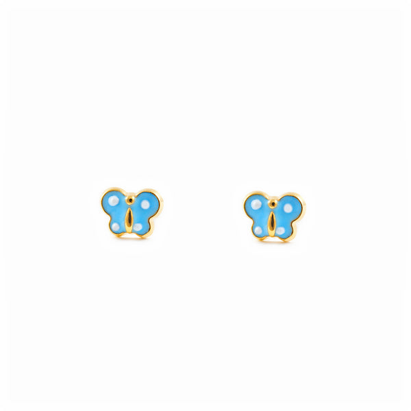 Orecchini bambini ragazza Smalto Blu-Bianco Farfalla Oro Giallo 9K