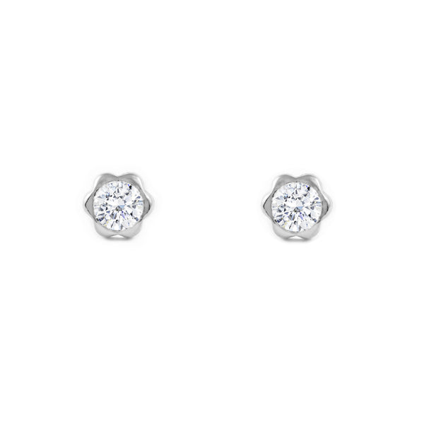 Orecchini ragazza donna Fiore Zircone 5 mm Oro Bianco 9K