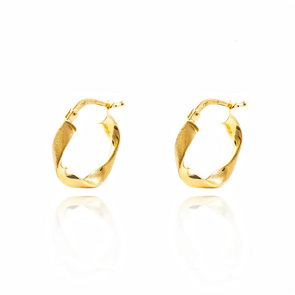 Pendientes Oro Amarillo 18K Aros Plano Reliados Mate y Brillo 16 x 3 mm