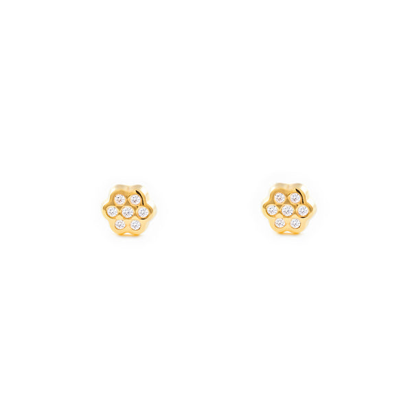 Pendientes Bebe-Niña Oro Amarillo 9K Flor Margarita Circonitas Brillo