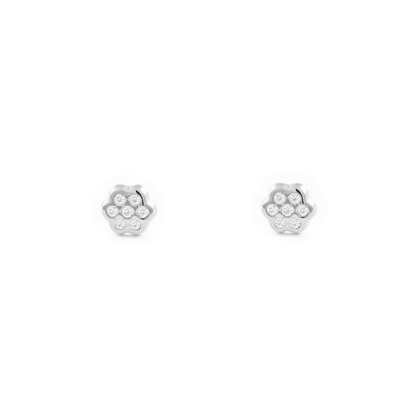 Pendientes Bebe-Niña Oro Blanco 9K Flor Margarita Circonitas Brillo