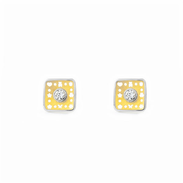 Orecchini ragazza donna Quadrato Zircone Bicolore 18K opaca e brillante