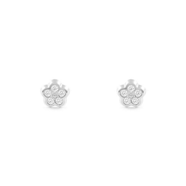 Pendientes Niña Oro Blanco 18K Flor Margarita Circonitas Brillo