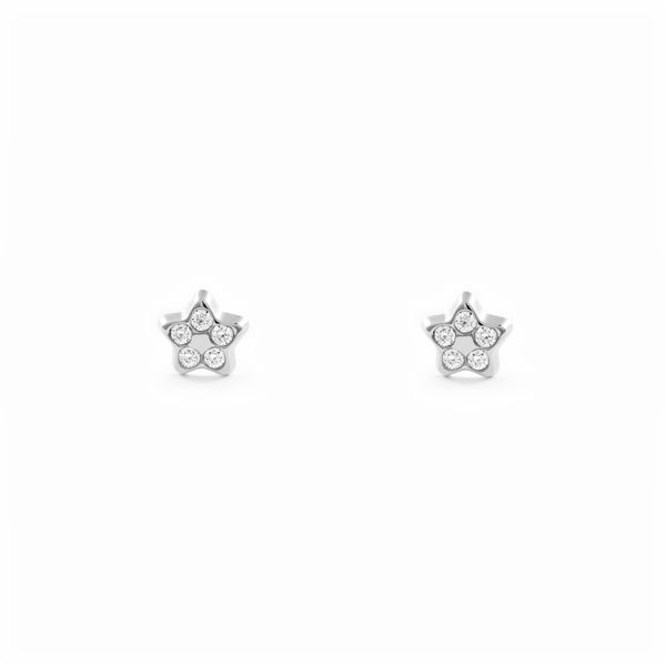 Pendientes Bebe-Niña Oro Blanco 9K Estrella Circonitas Brillo