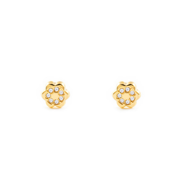 Pendientes Bebe-Niña Oro Amarillo 9K Flor Circonitas Brillo