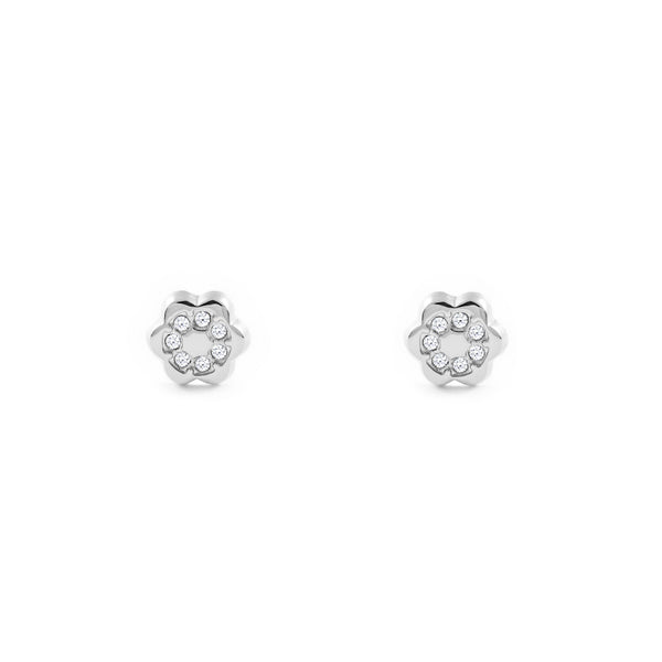 Pendientes Bebe-Niña Oro Blanco 9K Flor Circonitas Brillo