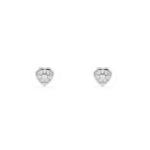 Pendientes Bebe-Niña Oro Blanco 9K Corazón Circonitas Brillo