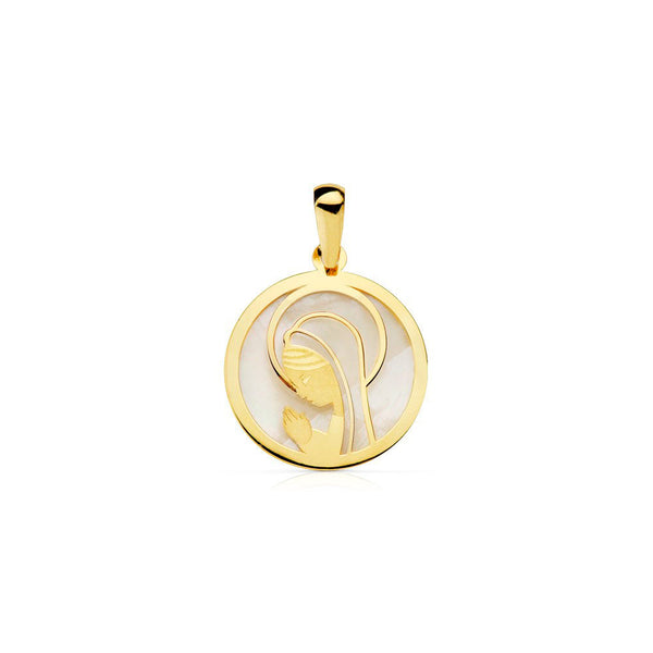 Colgante Oro Amarillo 18K Nacar Redondo Virgen Niña Mate y Brillo